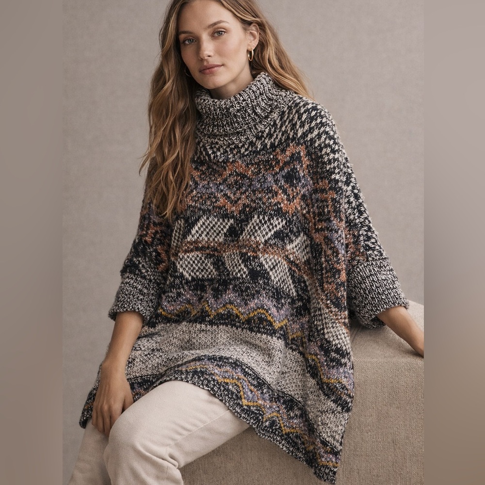 Pilcro Anthropologie Boho Poncho Sweater Fringe Turtleneck Oversized Cozy XS/S